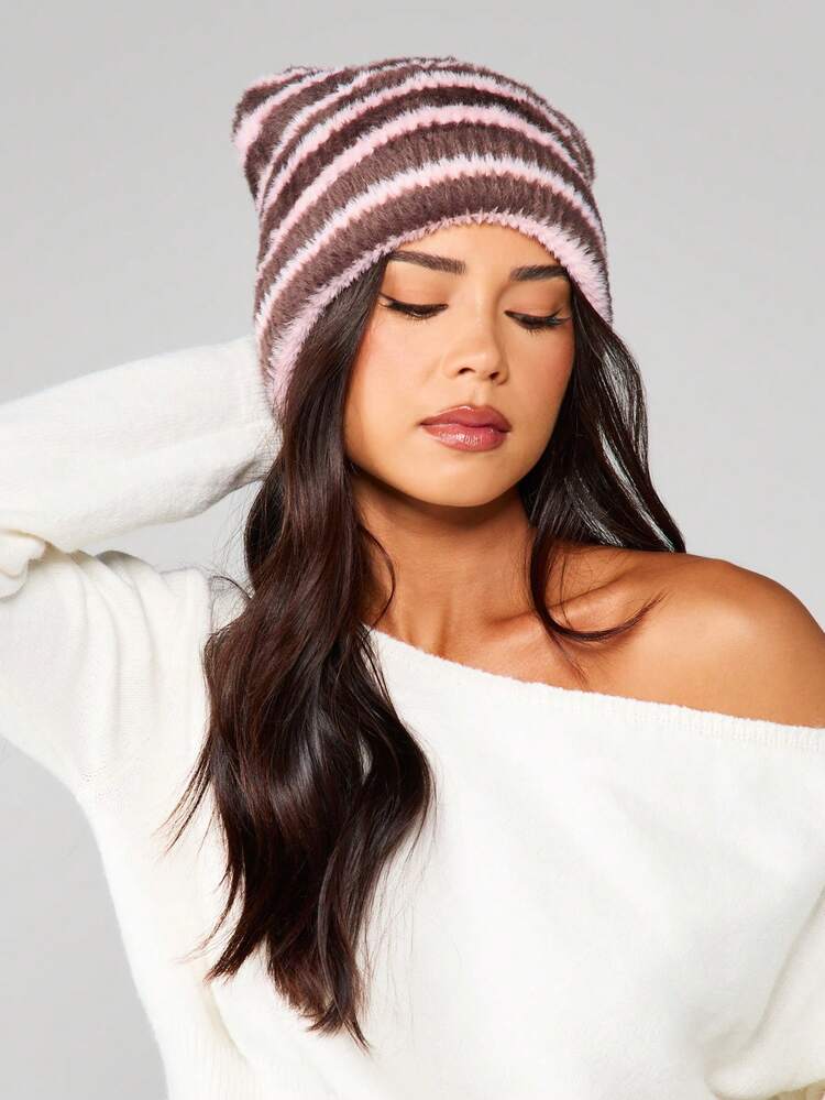 Velliria Knit Beanie – Striped & Fuzzy