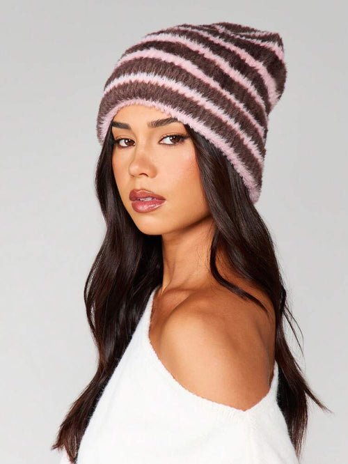Velliria Knit Beanie – Striped & Fuzzy